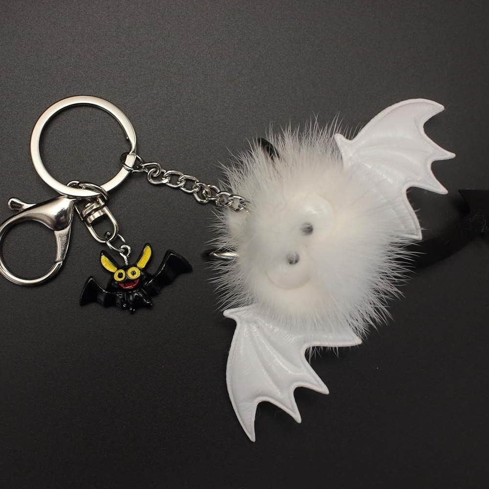 White Furry Bat Keychain Charm with Mini Bat Accent - Picture 5 of 9